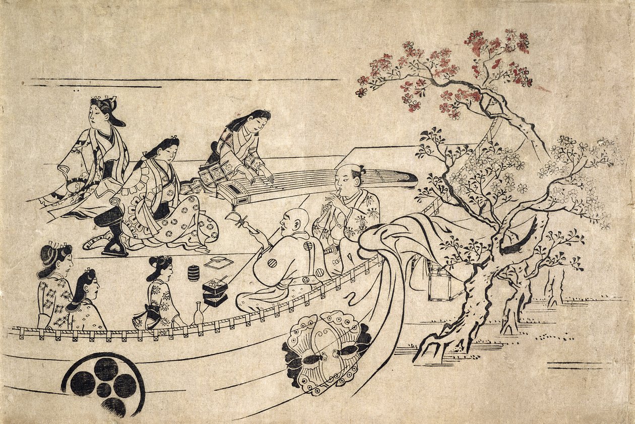 Musiikkia kirsikkapuun alla Uenossa, n. 1680 (puupainatus) tekijältä Hishikawa Moronobu