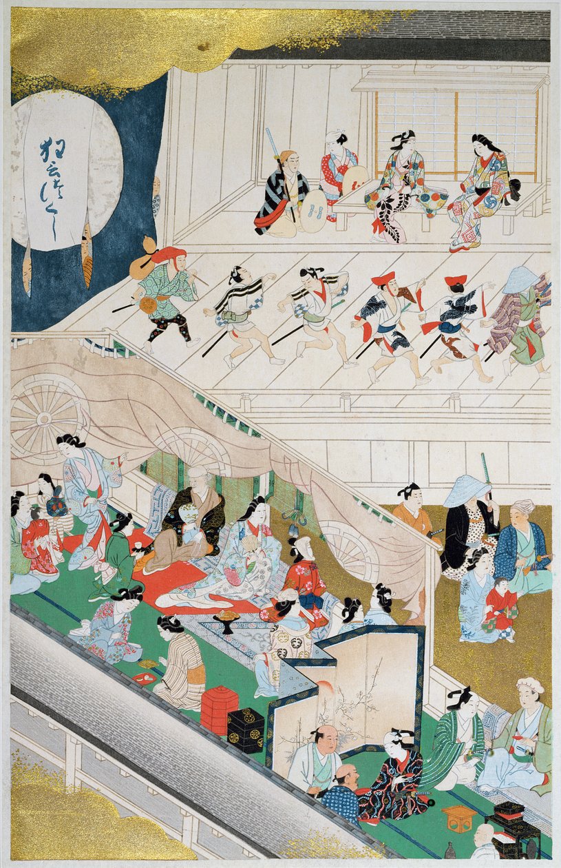 Kohtaus japanilaisesta populaariteatterista Genroku-kaudella (1688-1704), kuvitus Kokka-lehdestä, elokuu 1908 tekijältä Hishikawa Moronobu