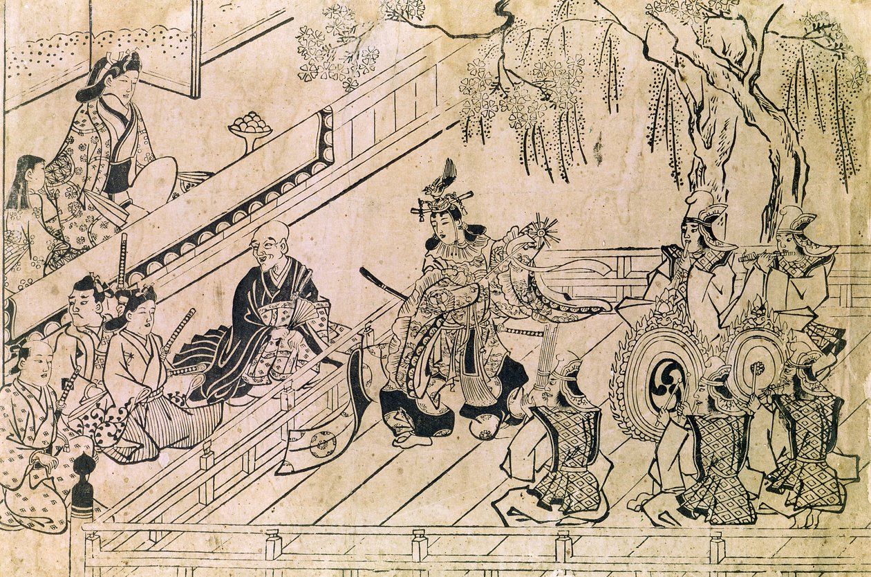 Pyhän tanssin kohtaus (puukiviprintti) tekijältä Hishikawa Moronobu