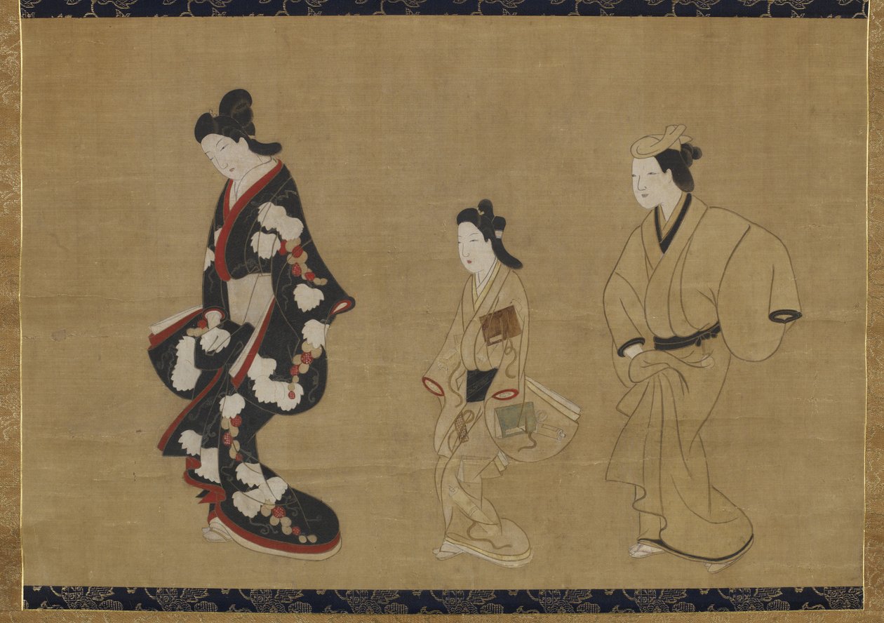 Prostituoitu, Kamuro ja Wakashu, n. 1695 (muste ja väri silkillä) tekijältä Moronobu Hishikawa