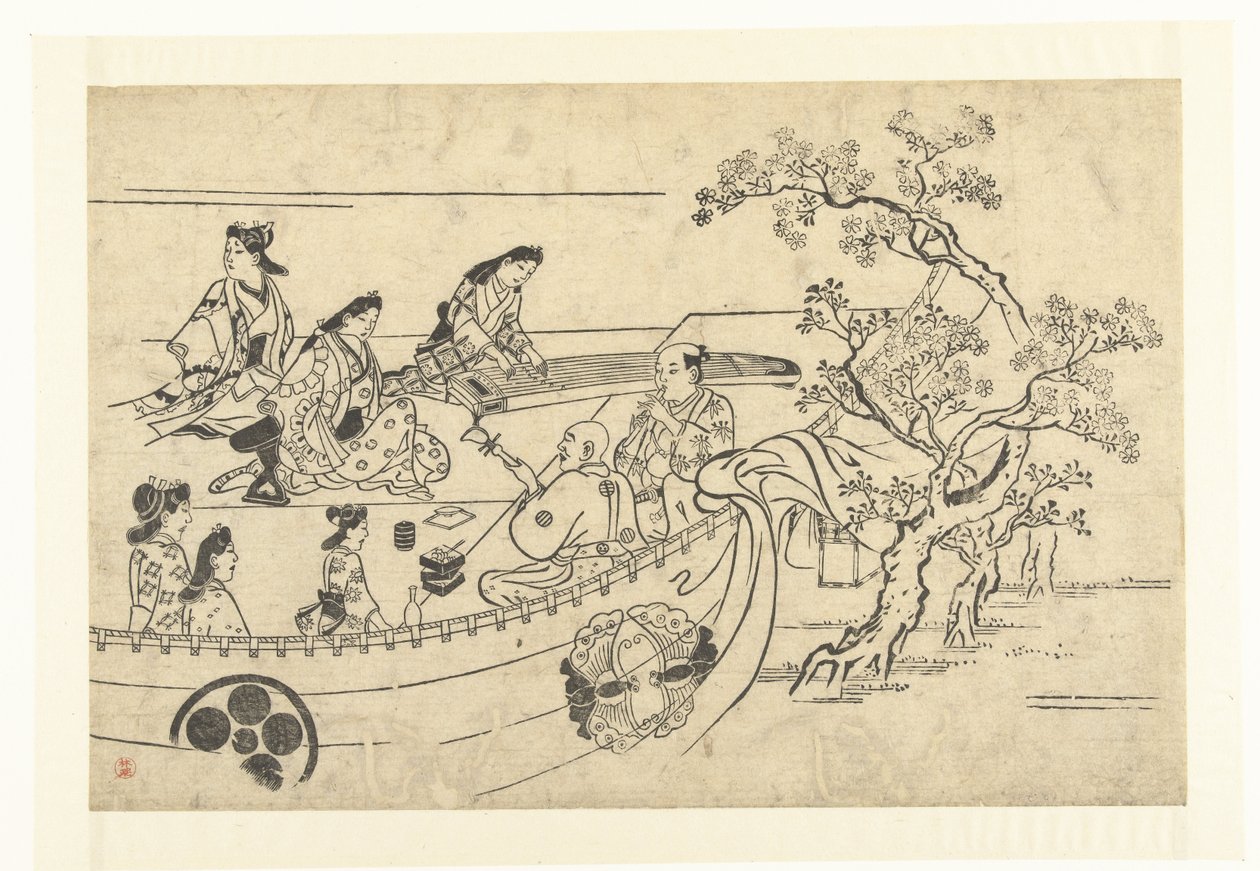 Musiikin tekevä yritys kirsikkapuun alla Kirsikankukkien katselu Uenossa (sarjan nimi) Ueno hanami no tei (sarjan nimi) tekijältä Hishikawa Moronobu (attributed to)