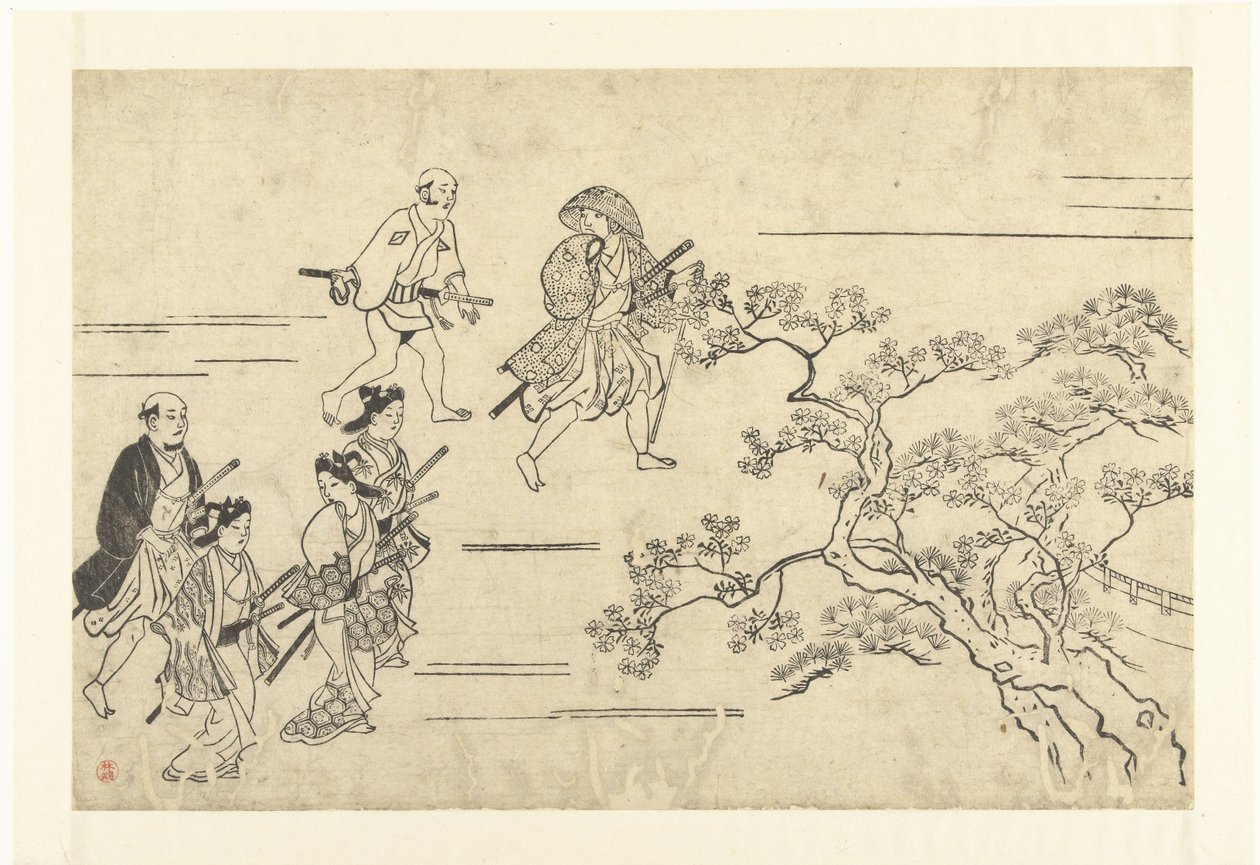 Viisi aatelismiestä ja palvelija matkalla piknikille Kirsikankukkien katselu Uenossa (sarjan nimi) Ueno hanami no tei (sarjan nimi) tekijältä Hishikawa Moronobu (attributed to)