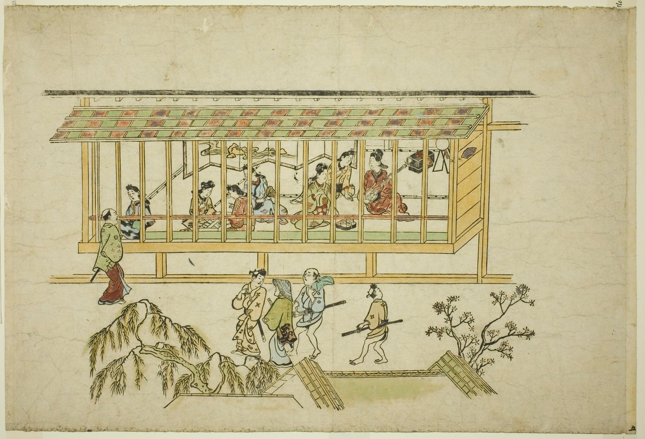 Courtesaanien talo sarjasta "The Appearance of Yoshiwara (Yoshiwara no tei)" tekijältä Hishikawa Moronobu