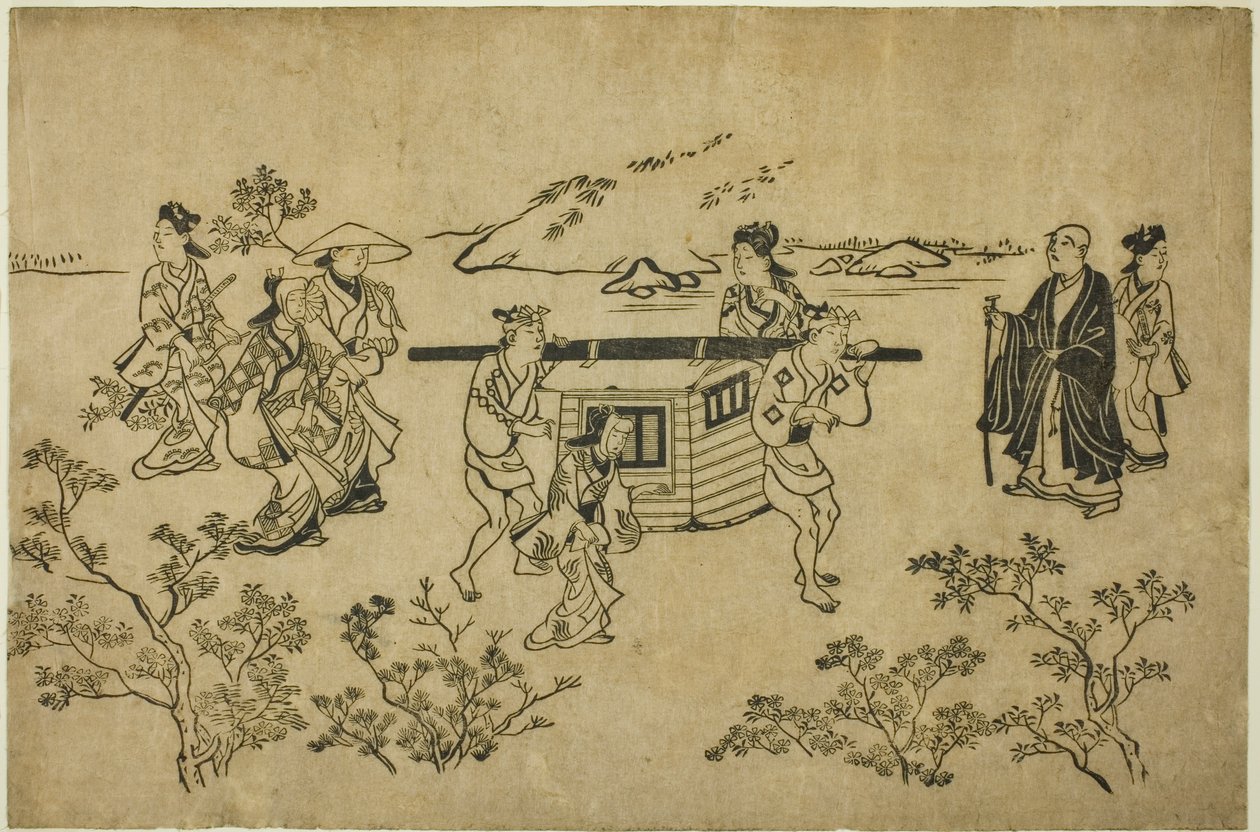 Kulkeva palankiina sarjasta "Scenes of Flower-viewing at Ueno (Ueno hanami no tei)" tekijältä Hishikawa Moronobu