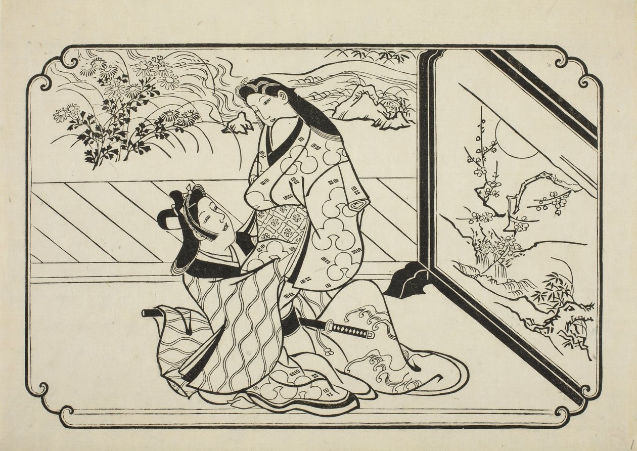 Näytön takana, n. 1673-1681 tekijältä Hishikawa Moronobu