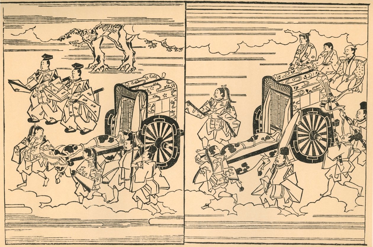Härkien vetämät vaunut, 1663, 1924. tekijältä Hishikawa Moronobu
