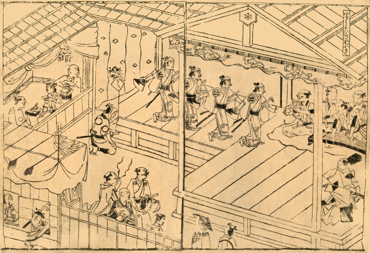 Kabuki-esitys Shijo-joen uomassa, 1658, 1924. tekijältä Hishikawa Moronobu
