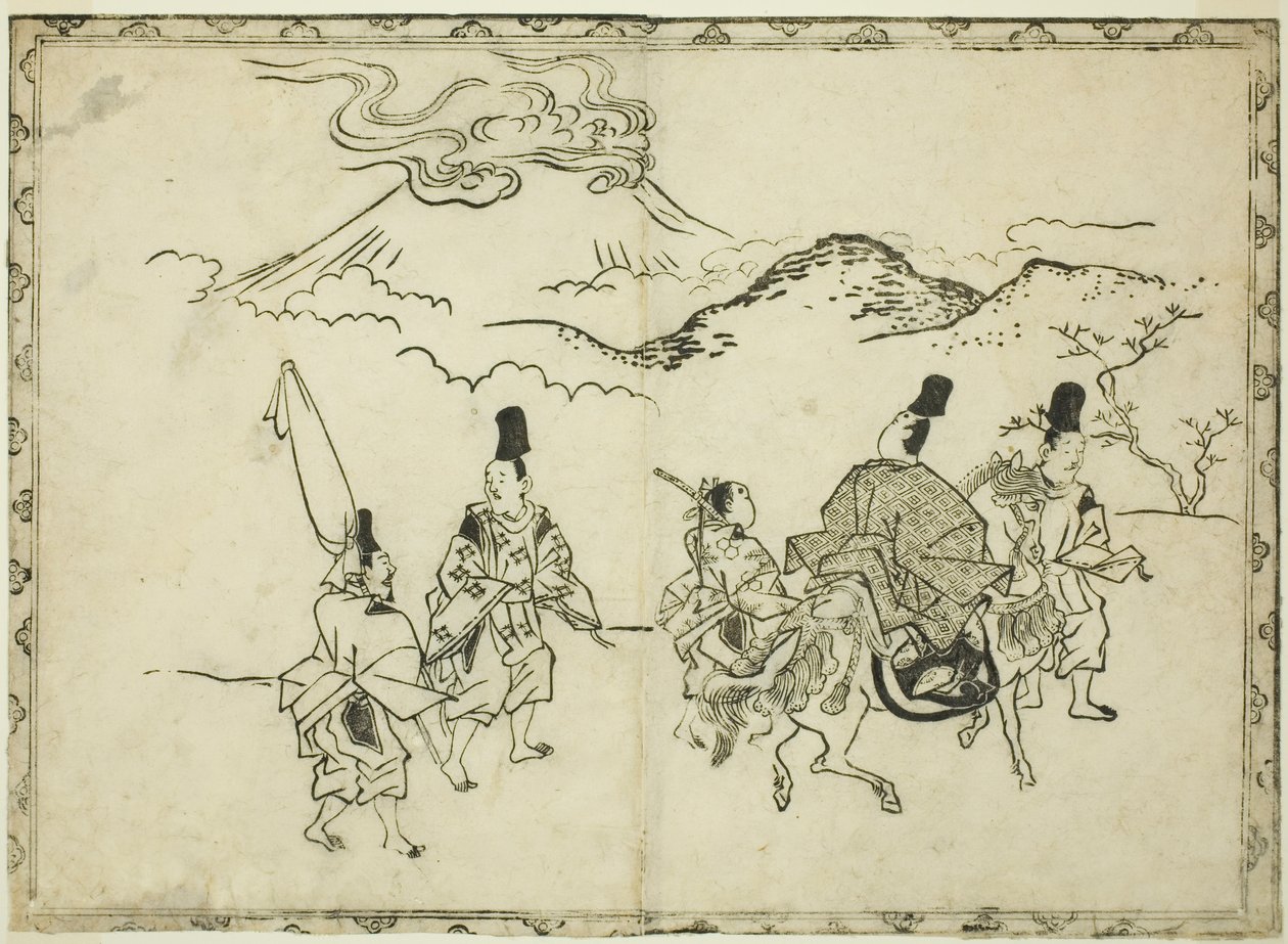 Narihiran itäinen matka, kuvakirjasta "Panorama of Paintings on Screens and Hanging Scrolls (Byobu kakemono ekagami)" (Panoraama maalauksista kuvaruuduilla ja ripustettavilla kääröillä) tekijältä Hishikawa Moronobu