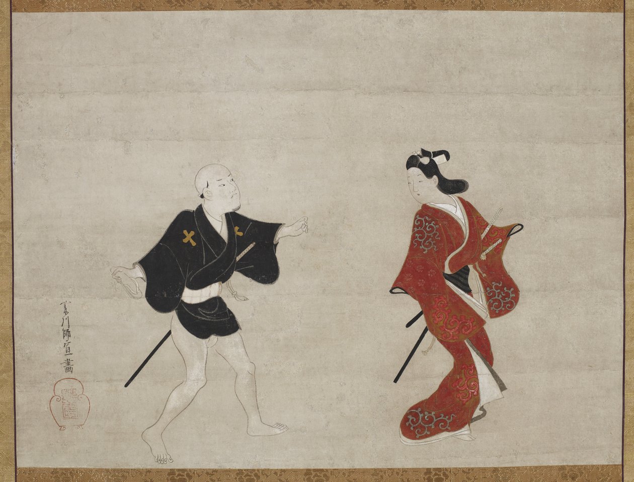 Nikuhitsu ukiyo-e: Nuori samurai ja palvelija Huanshigongin ja Zhang Lianin mitatena, n. 1690 tekijältä Hishikawa Moronobu