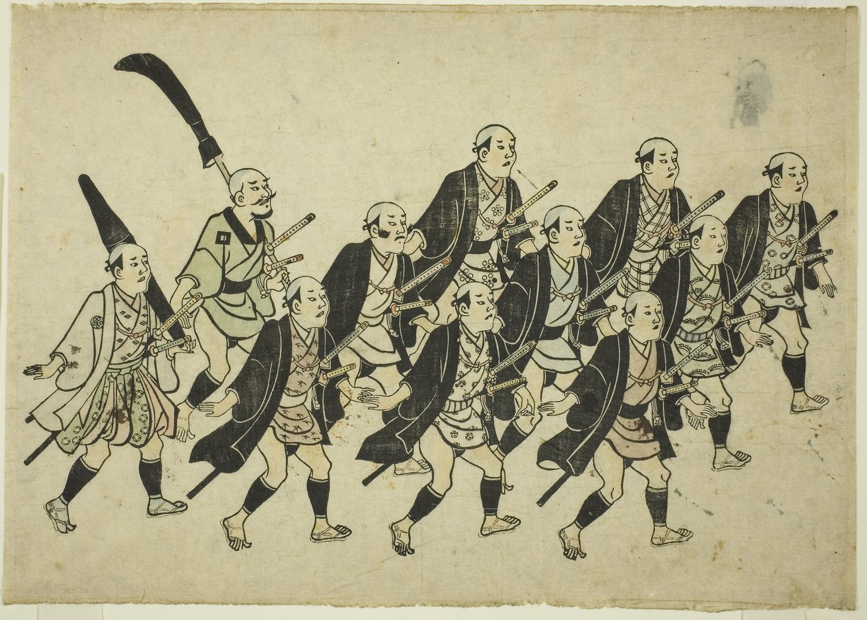 Daimyon kulkue, n.1681-84 (käsin värjätty puupiirros; oban yoko-e, sumizuri-e) tekijältä Hishikawa Moronobu