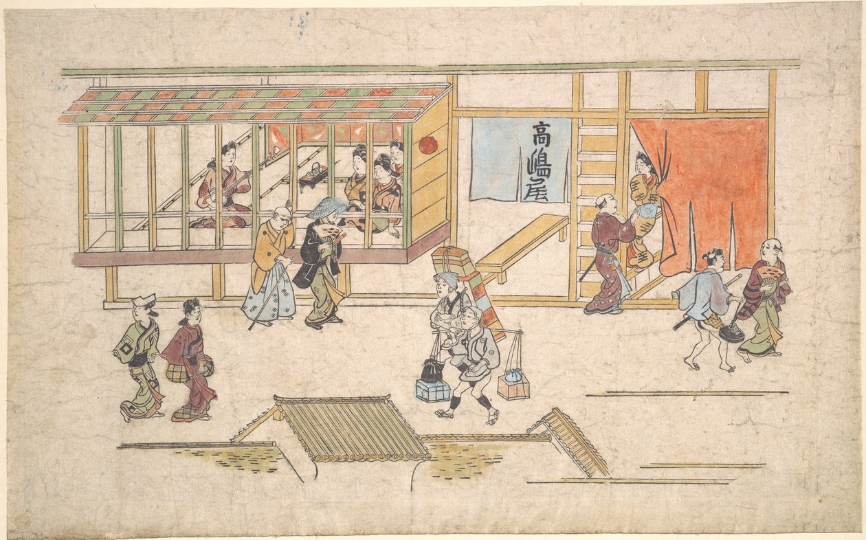 Kohtaus Yoshiwarassa tekijältä Hishikawa Moronobu
