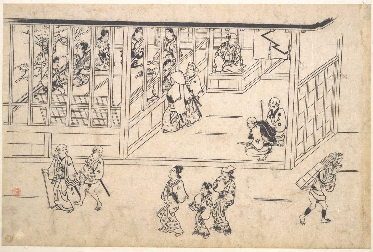 Katunäkymä Yoshiwarassa tekijältä Hishikawa Moronobu