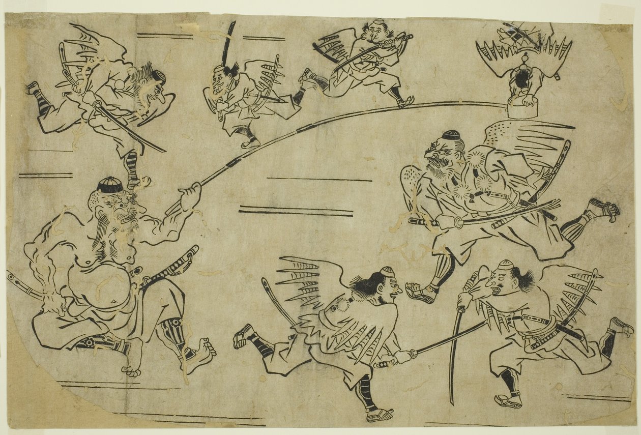 Tengu-kuningas kouluttaa oppilaitaan, n. 1690 tekijältä Hishikawa Moronobu