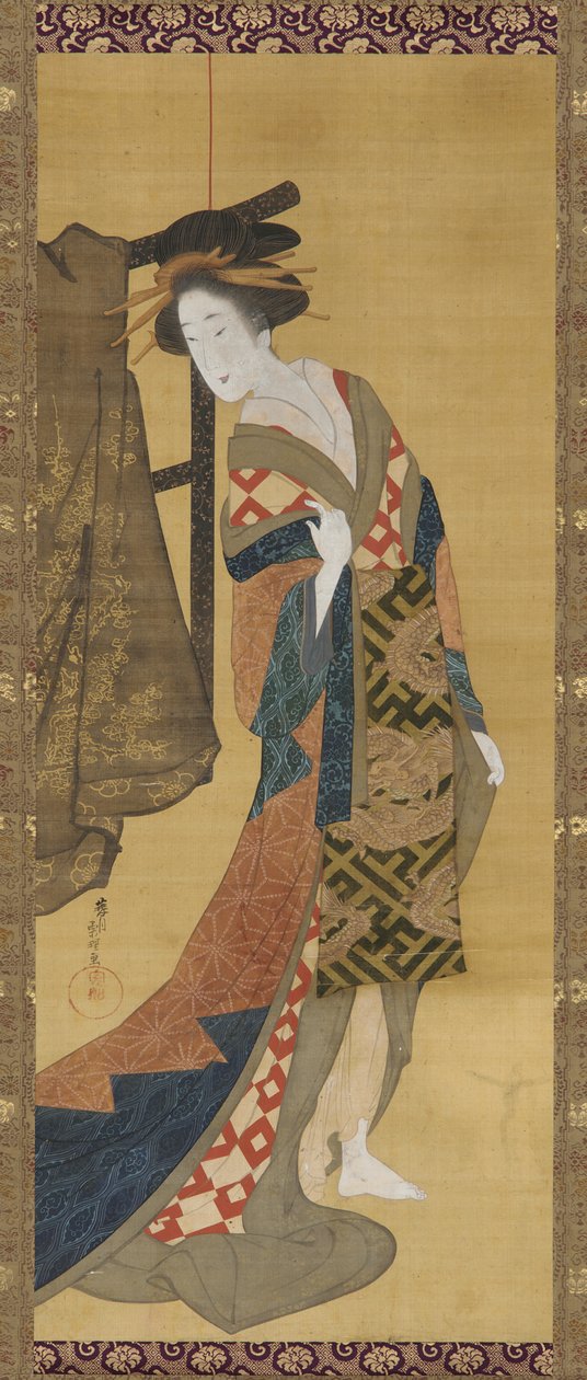 Vaatehyllyn lähellä seisova kurtisaani, Edo-kausi, 1800-luvun alku. tekijältä Hishikawa Sori