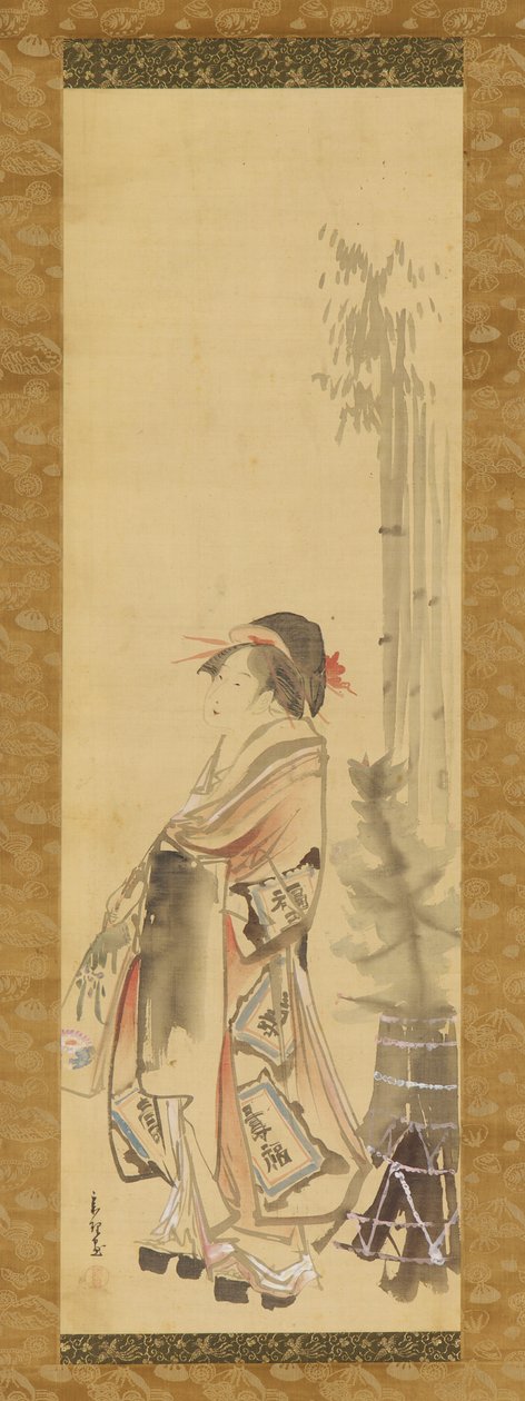 Tyttö, joka leikkii Battledorea ja sulkapalloa, 1615-1868. tekijältä Hishikawa Sori