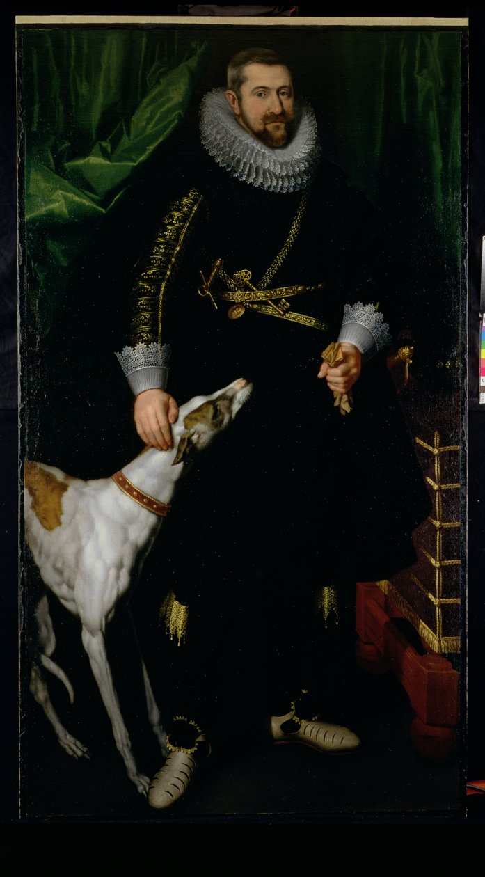 Muotokuva herrasmiehestä, jonka sanotaan olevan kotoisin Flanderin Coudenhouven perheestä, n. 1610-20 (pari 121430) tekijältä Hispano Flemish School