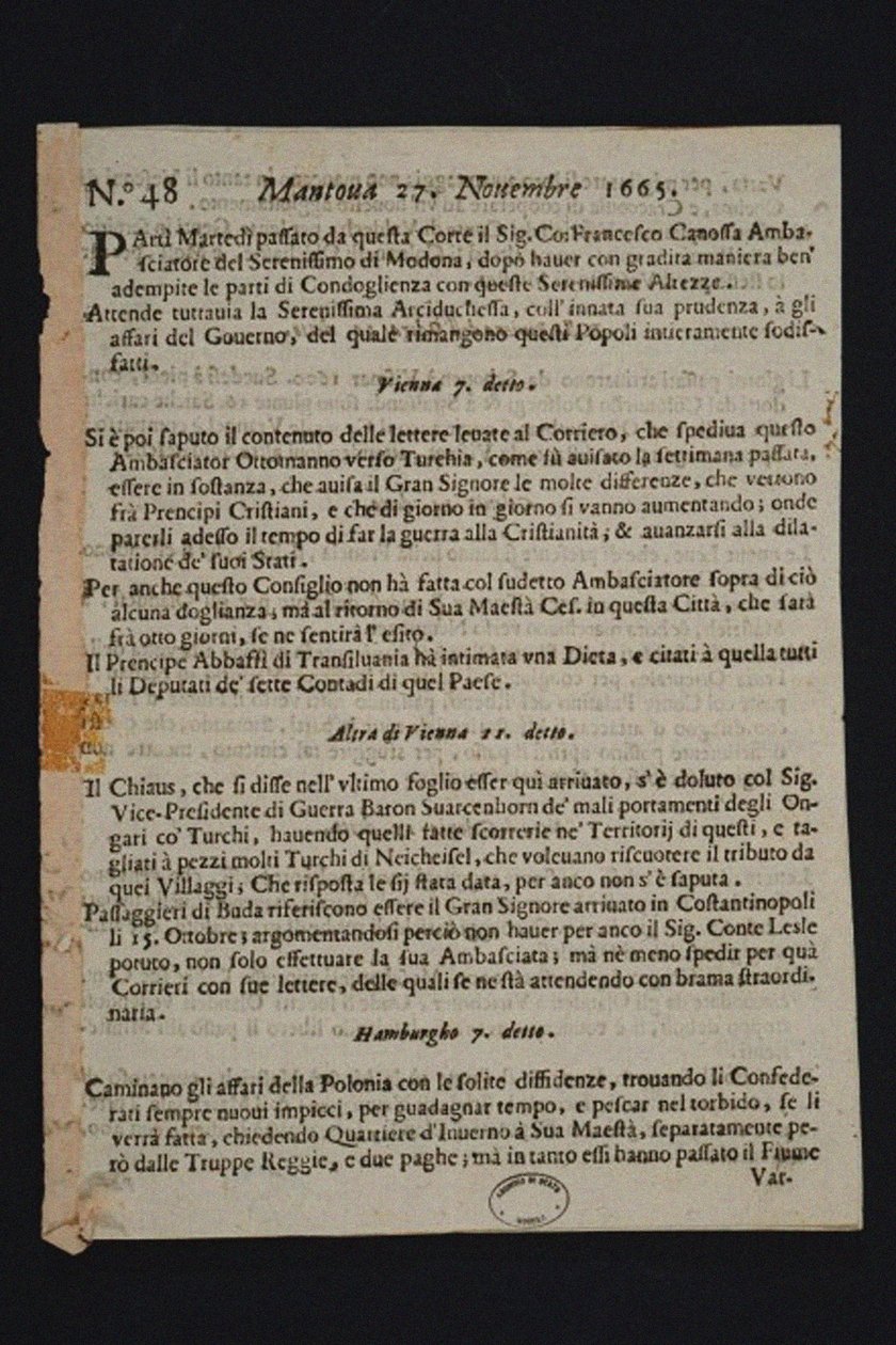Gazzetta di Mantova - vanhin italialainen sanomalehti, 1665 tekijältä Historic Object