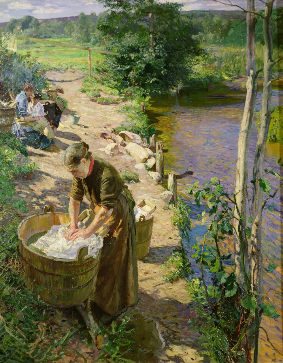 Pesu joen rannalla, Sandvika (öljy kankaalle) tekijältä Hjalmer Eilif Emanuel Peterssen