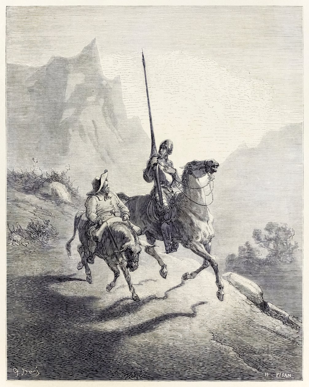 "Don Quijote ja Sancho lähtevät ulos" Miguel de Cervantesin "Don Quijotesta" (kaiverrus) tekijältä Héliodore Joseph Pisan