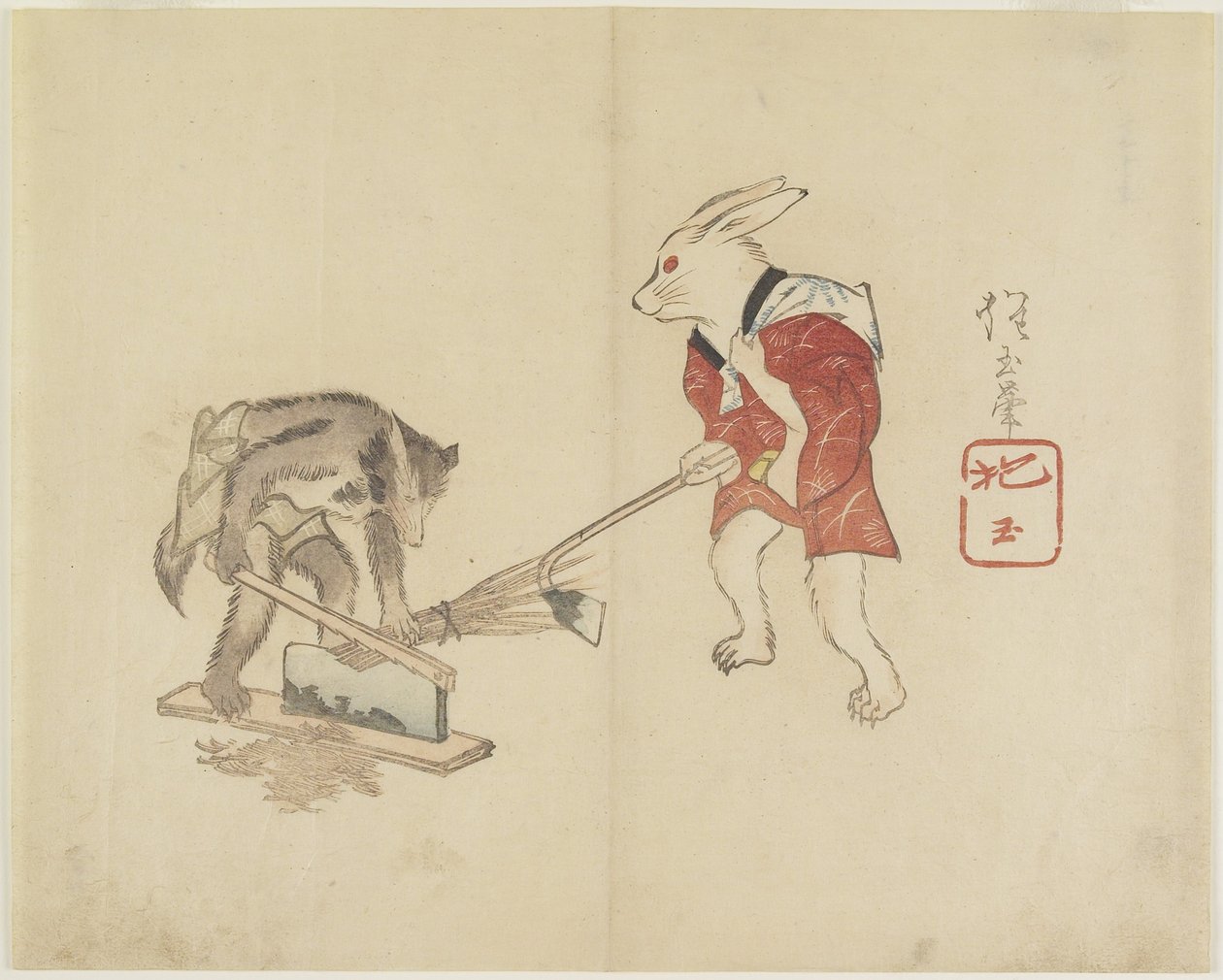 (Kanien ja pesukarhun pilkkominen oljesta), n. 1830 tekijältä Hogyoku