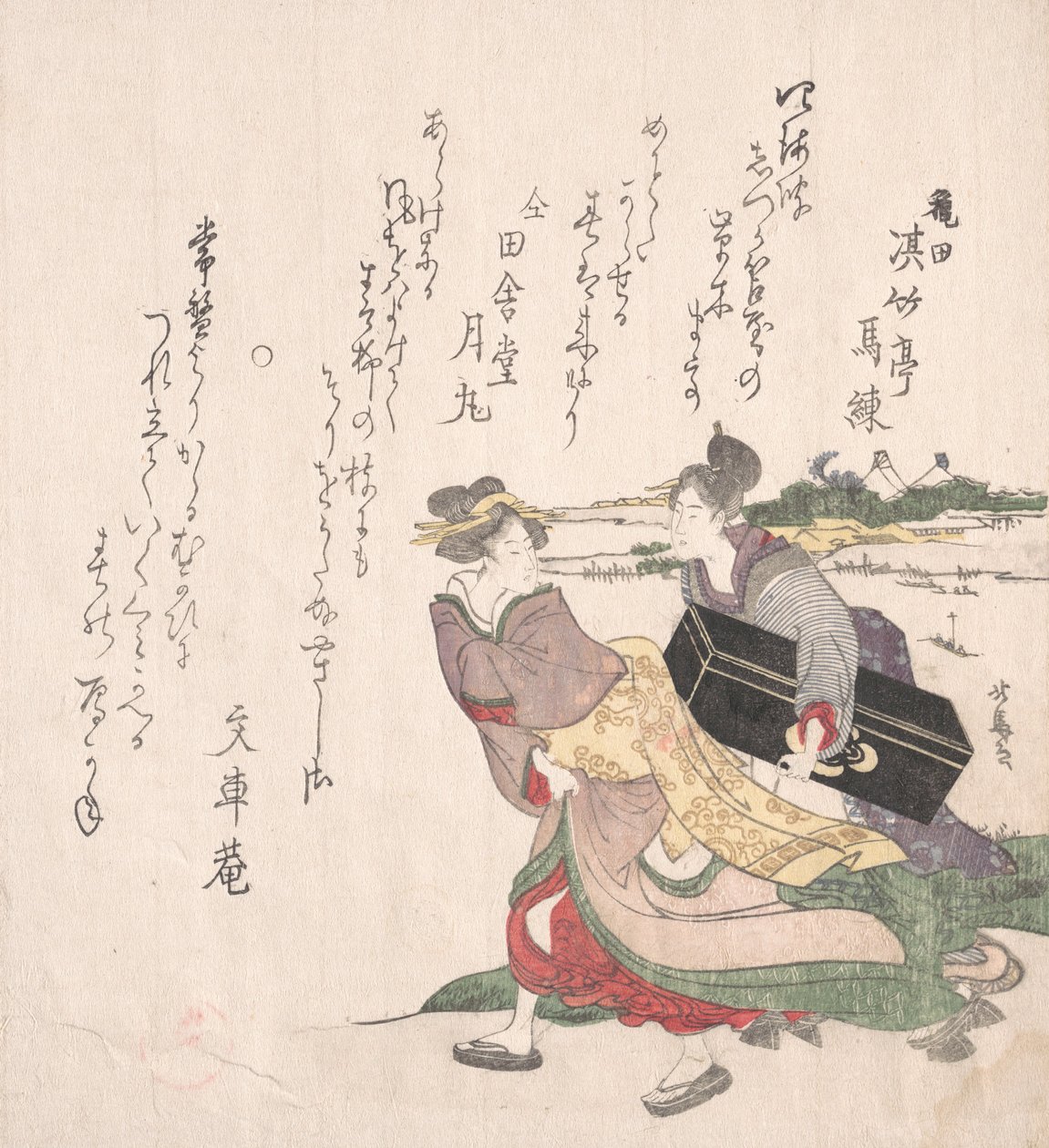 Geisha tyttö kiirehtii piikapalvelijan kanssa, joka kantaa Shamisen-laatikkoa. tekijältä Hokuba