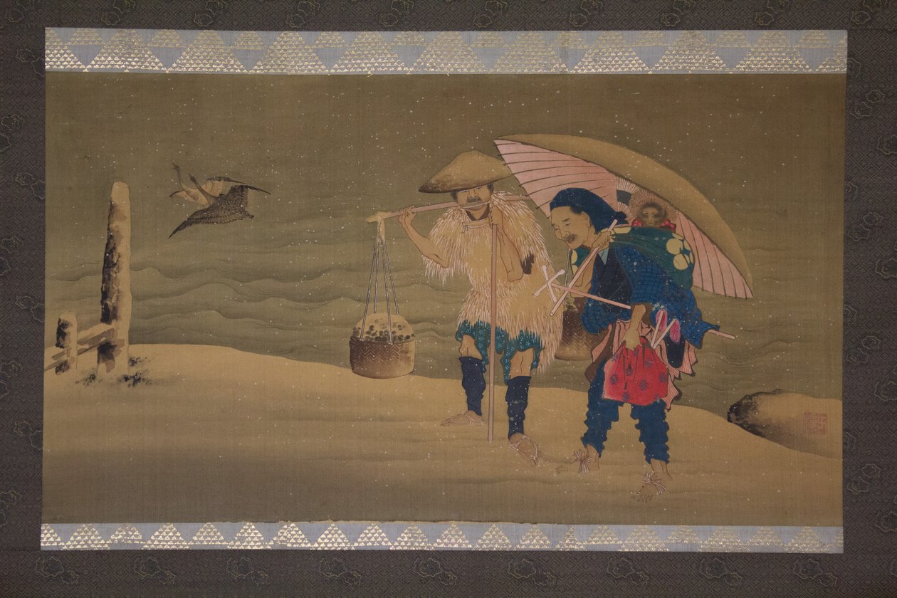 Monkey Showman ja Porter lumessa, 1800-luku. tekijältä Hokuga