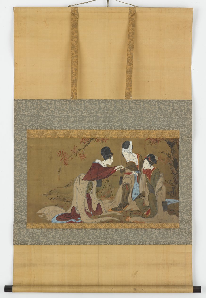 Kolme shirabyoshia juotavaa sakea lämmitettynä syksyn lehtien tulessa, Edo-kausi, 1800-1850. tekijältä Hokuga