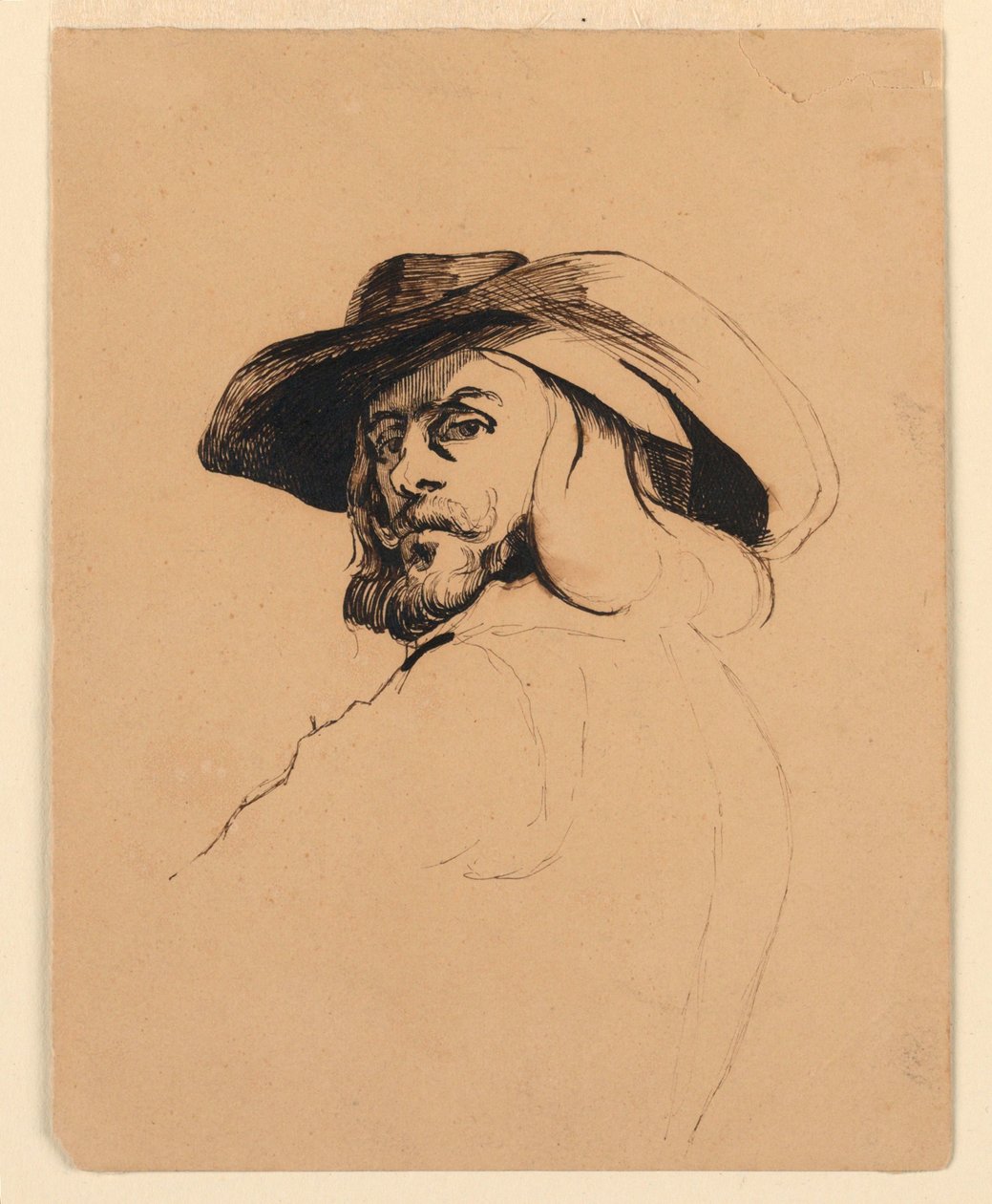 Piirros, Miehen pää Frans Halsin tyyliin, n. 1860. tekijältä Homer Dodge Martin