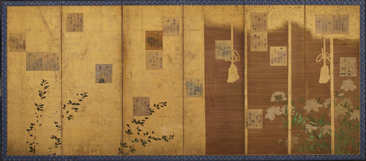 Taitettavat näytöt, joihin on asennettu runoja antologiasta, Shin kokinshu, Edo-kausi, c1624-1637. tekijältä Hon