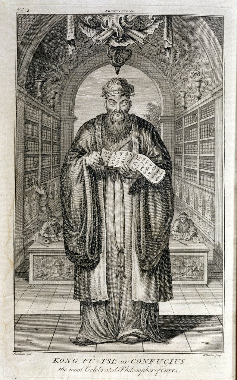 Kong-Fu-Tse tai Konfutse, Kiinan tunnetuin filosofi, kaiverrus Henry Fletcher (fl.1729) tekijältä Honbleau