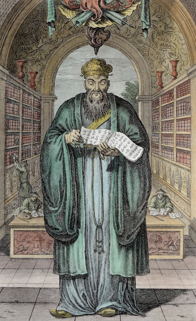 Kong-Fu-Tse tai Konfutse, Kiinan tunnetuin filosofi, kaiverrus Henry Fletcher (fl.1729) (myöhempi väritys) tekijältä Honbleau