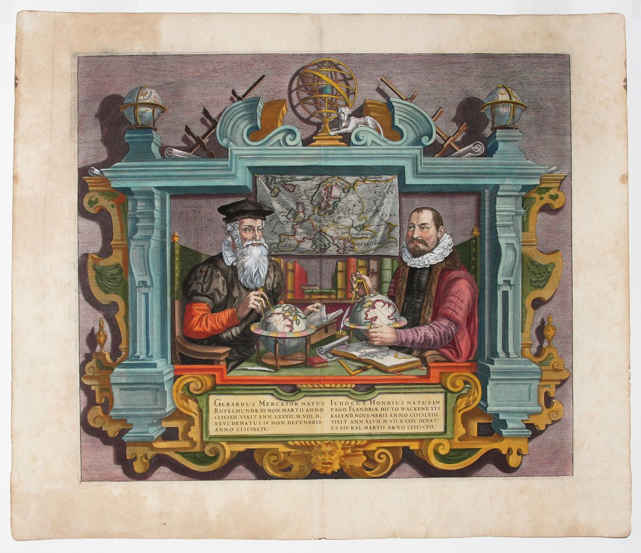 Kaksoismuotokuva Gerardus Mercatorista 1512-1594 ja Jodocus Hondiuksesta 1563-1612 tekijältä Hondius
