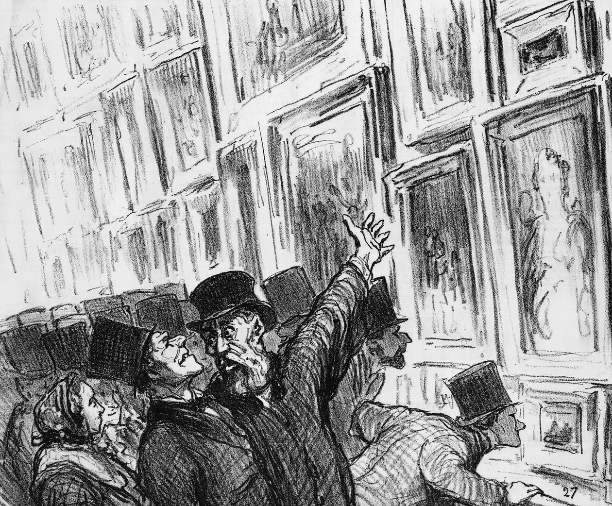 Taiteilijaa lohdutetaan vuoden 1859 Pariisin salongissa työnsä asemasta näyttelyssä, sarjakuva Le Charivari -lehdestä, 20. huhtikuuta 1859 tekijältä Honoré Daumier