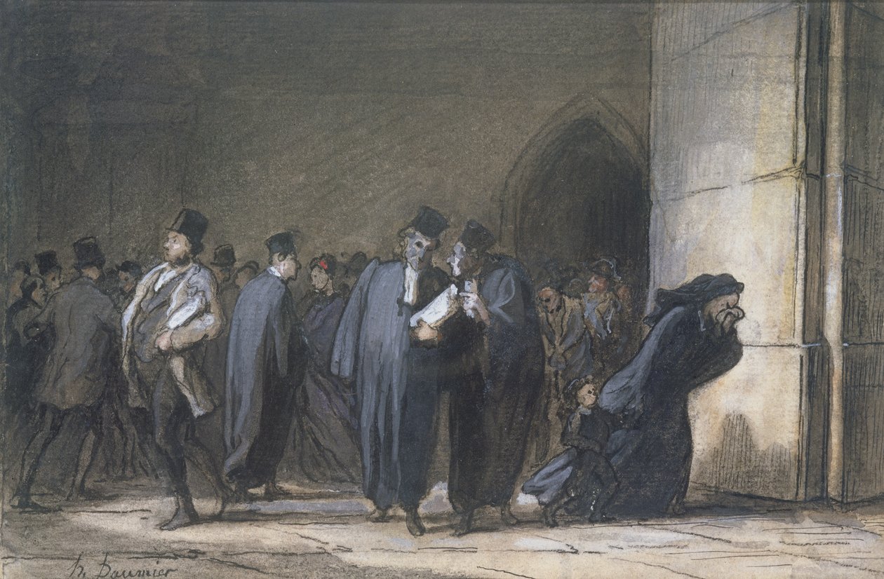 Oikeuspalatsissa, n. 1862-65 (kynä ja muste, guassi ja wc paperilla) tekijältä Honoré Daumier