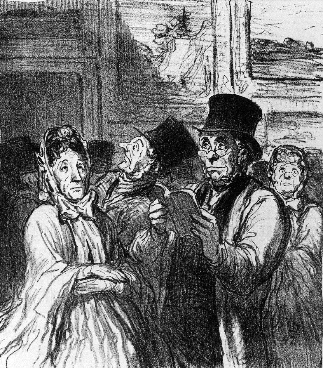 Karikatyyri taidenäyttelyn vierailijoista ennen Gustave Moreaun maalausta "Le Charivarista", 3. kesäkuuta 1864 tekijältä Honoré Daumier