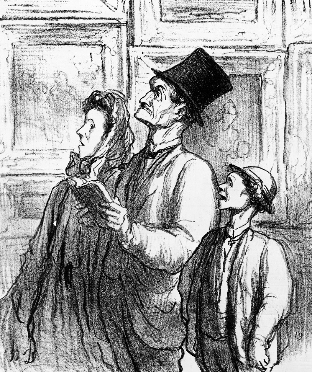 Perhe vierailee Pariisin salongissa 1863 ja kommentoi Manetin Olympia-maalausta, sarjakuva Charivari-lehdestä, 19. kesäkuuta 1865 tekijältä Honoré Daumier