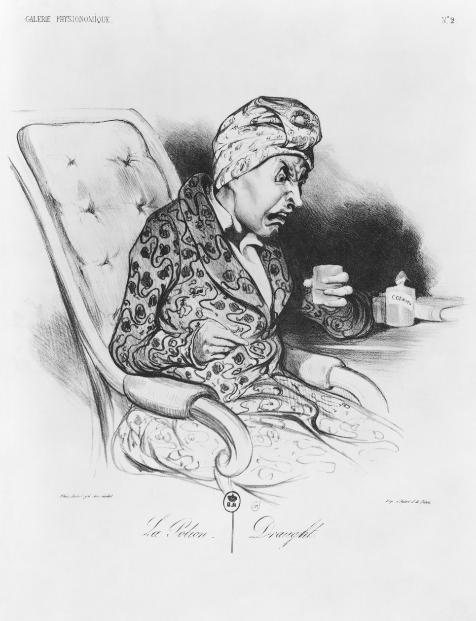 La Potion, luonnos, "Galerie physionomique", levy 2, "Le Charivari", 19. marraskuuta 1836. tekijältä Honoré Daumier