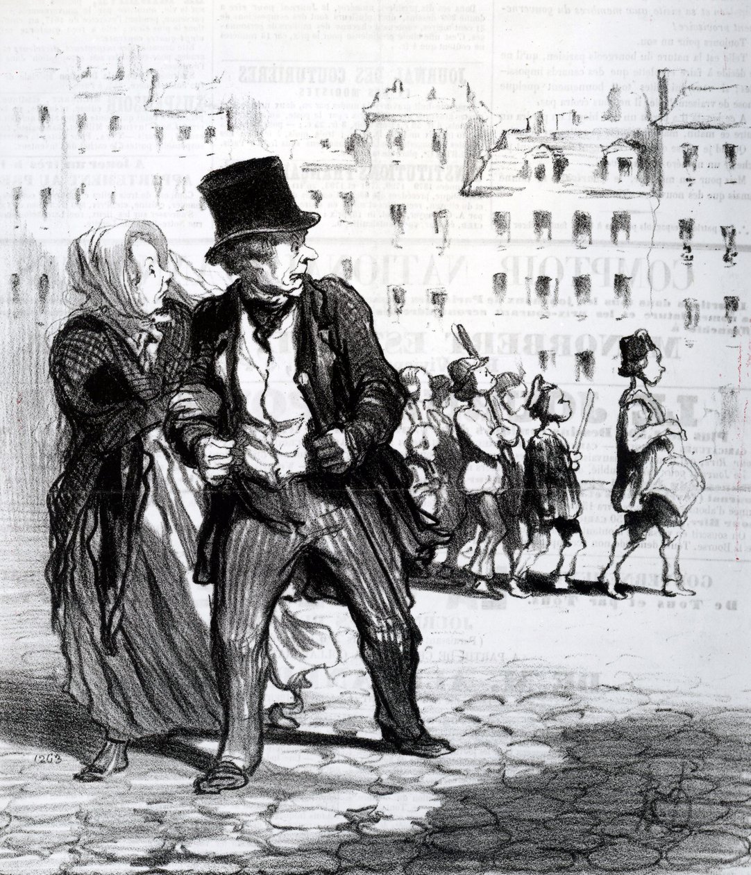Le Alarmistes et les Alarmes, kuvitus teoksesta "Le Charivari", 1848 (litografia) tekijältä Honoré Daumier