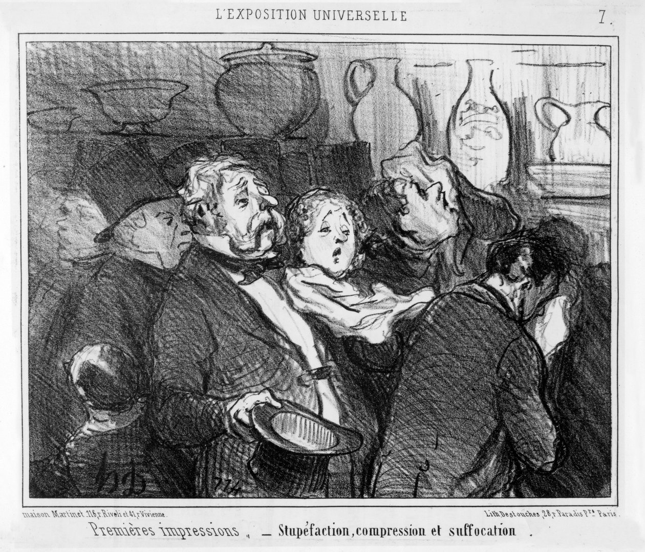 "Stupefaction, Compression and Suffocation, First Impressions at the Paris Universal Exhibition", sarjakuva "Exposition Universelle" -sarjasta, julkaistu "Le Charivari" -lehdessä 24. toukokuuta 1855 tekijältä Honoré Daumier