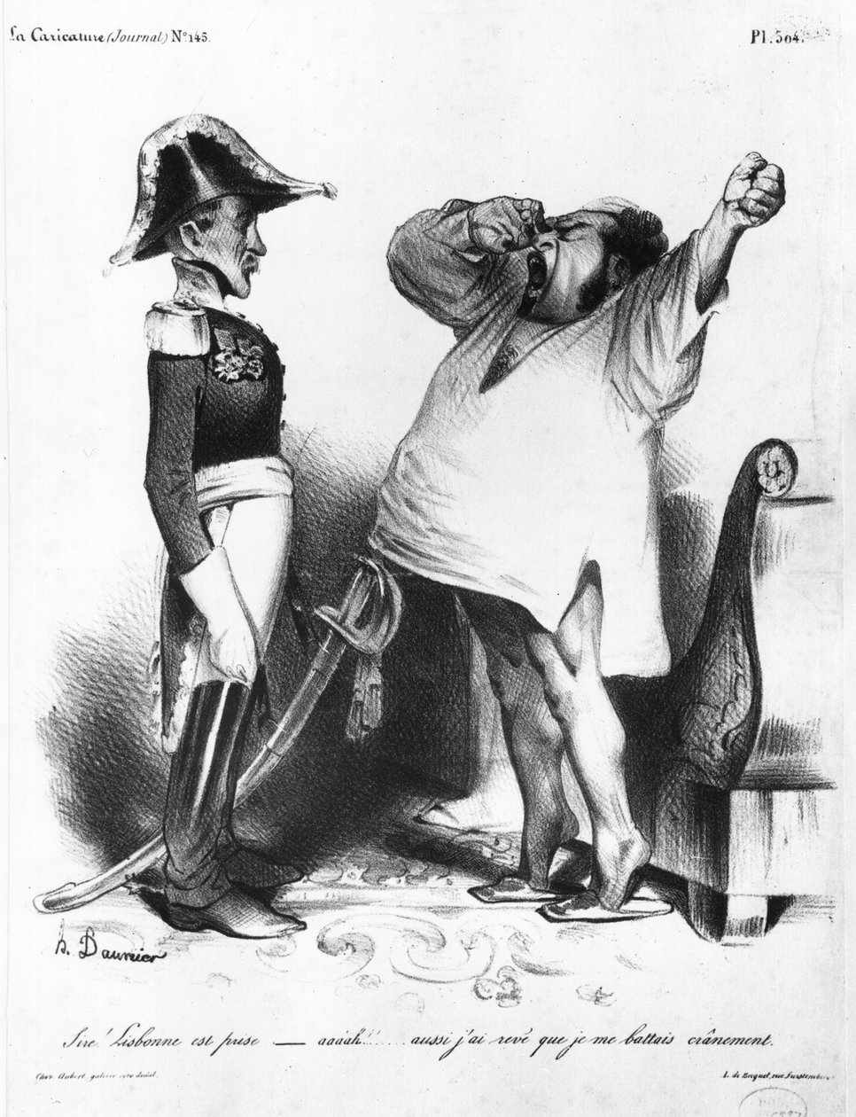 Villaflorin kreivi kertoo Brasilian keisarille ja Portugalin kuninkaalle Pedro I:lle (1798-1834), että hän on valloittanut Lissabonin takaisin "La Caricaturesta", N 145, 1833 tekijältä Honoré Daumier