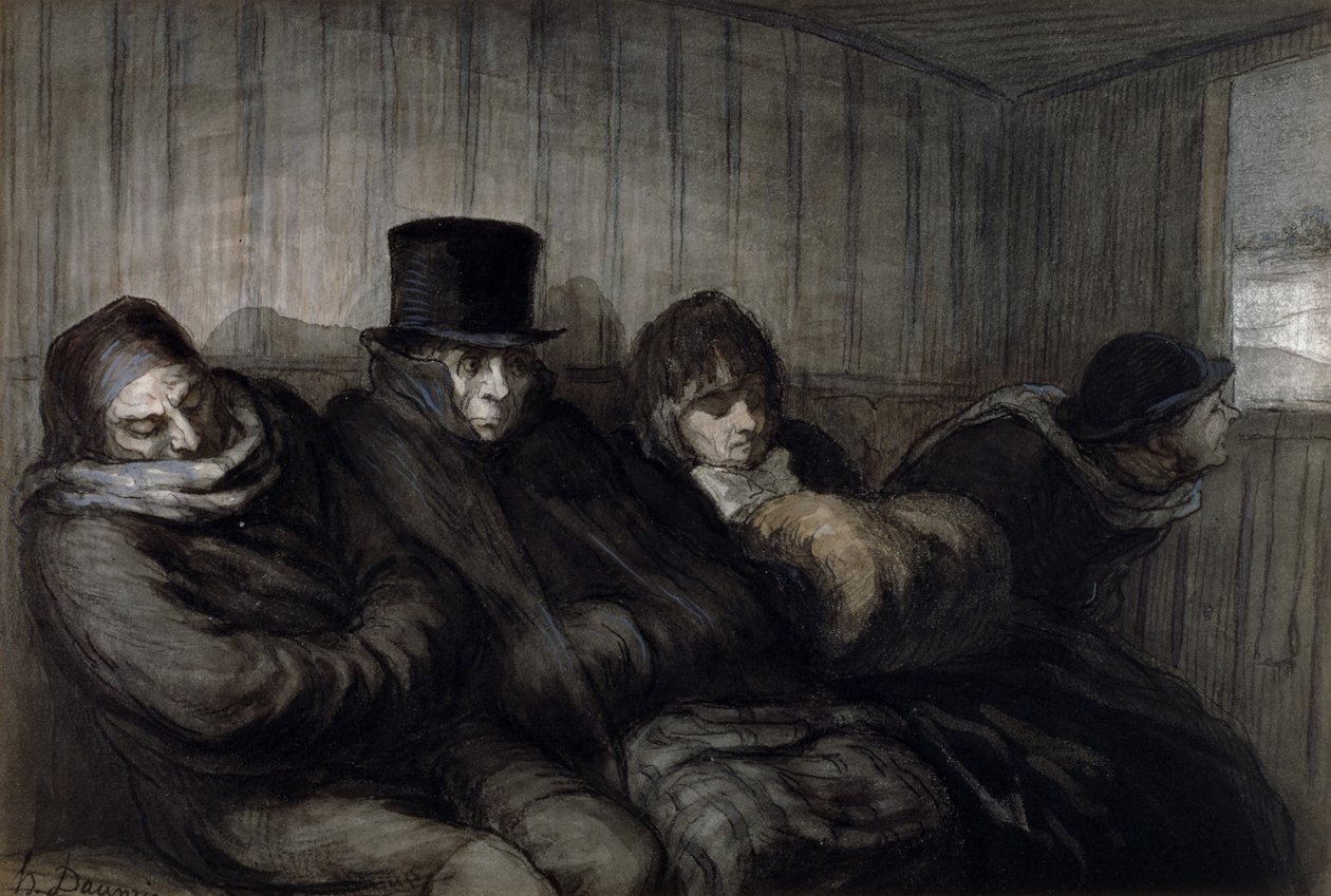 Toisen luokan vaunu, 1864 (wc, tussipesu ja hiili paperille) tekijältä Honoré Daumier