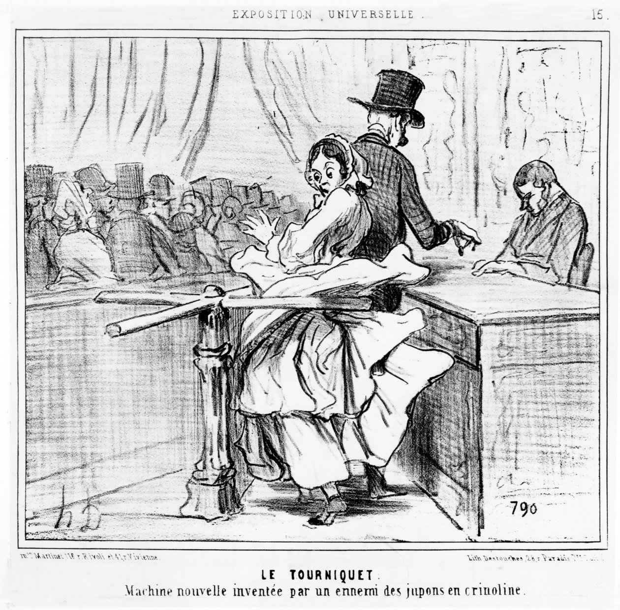 Kääntöportti Pariisin yleisnäyttelyssä, sarjakuva Exposition Universelle -sarjasta, julkaistu Le Charivarissa, 26. kesäkuuta 1855 tekijältä Honoré Daumier