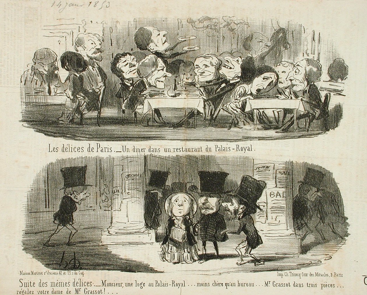 Illallinen Palais-Royal-ravintolassa; samojen herkkujen jatkuminen. tekijältä Honoré Daumier