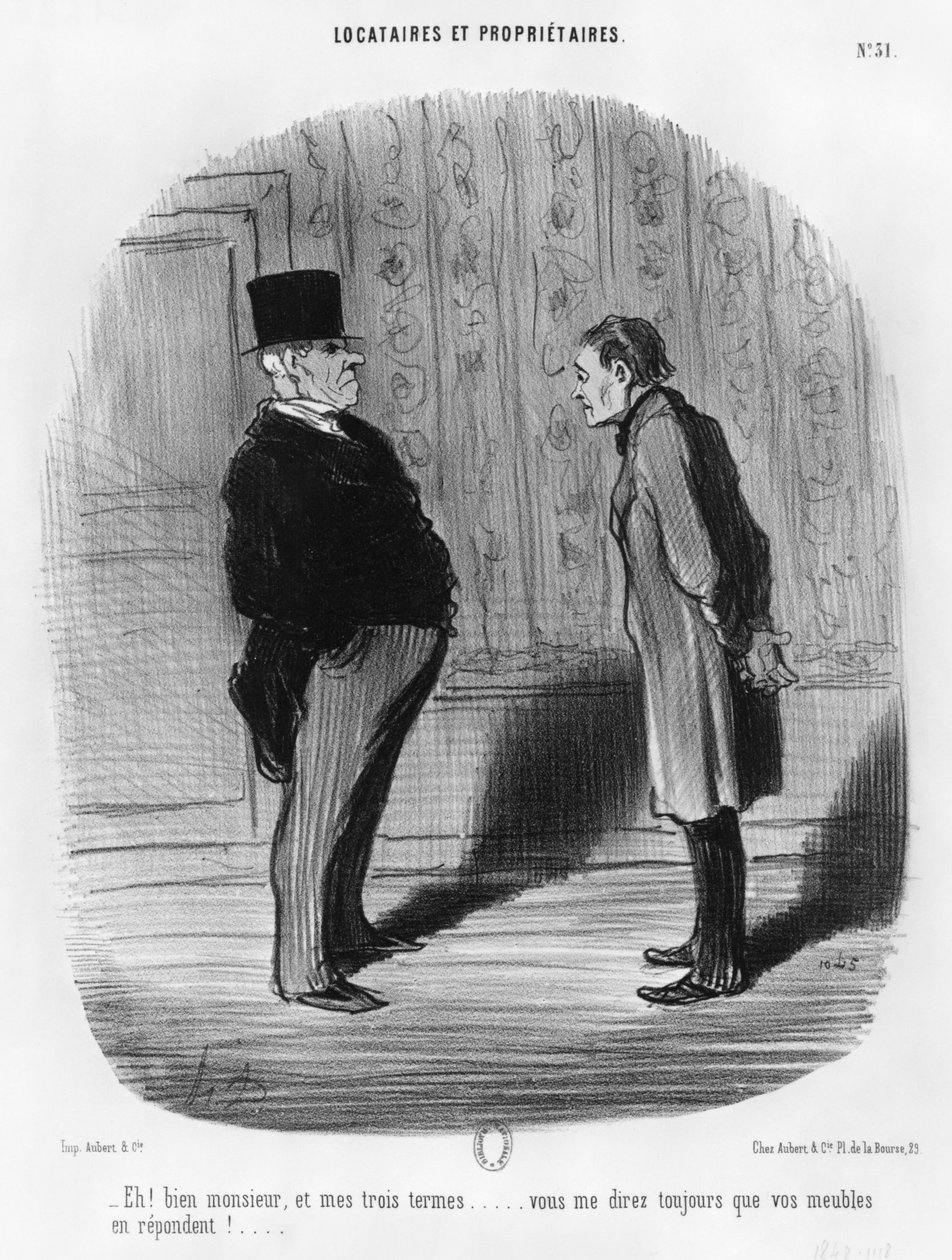 "No, herra, entä minun kolme toimikauteni", levy 31 sarjasta "Vuokralaiset ja omistajat", 1848 tekijältä Honoré Daumier