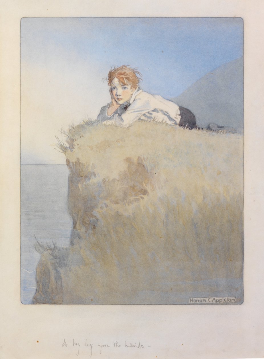 Un nen estès al vessant del turó" (aquarel·la amb llapis) finlandès tekijältä Honor Charlotte Appleton