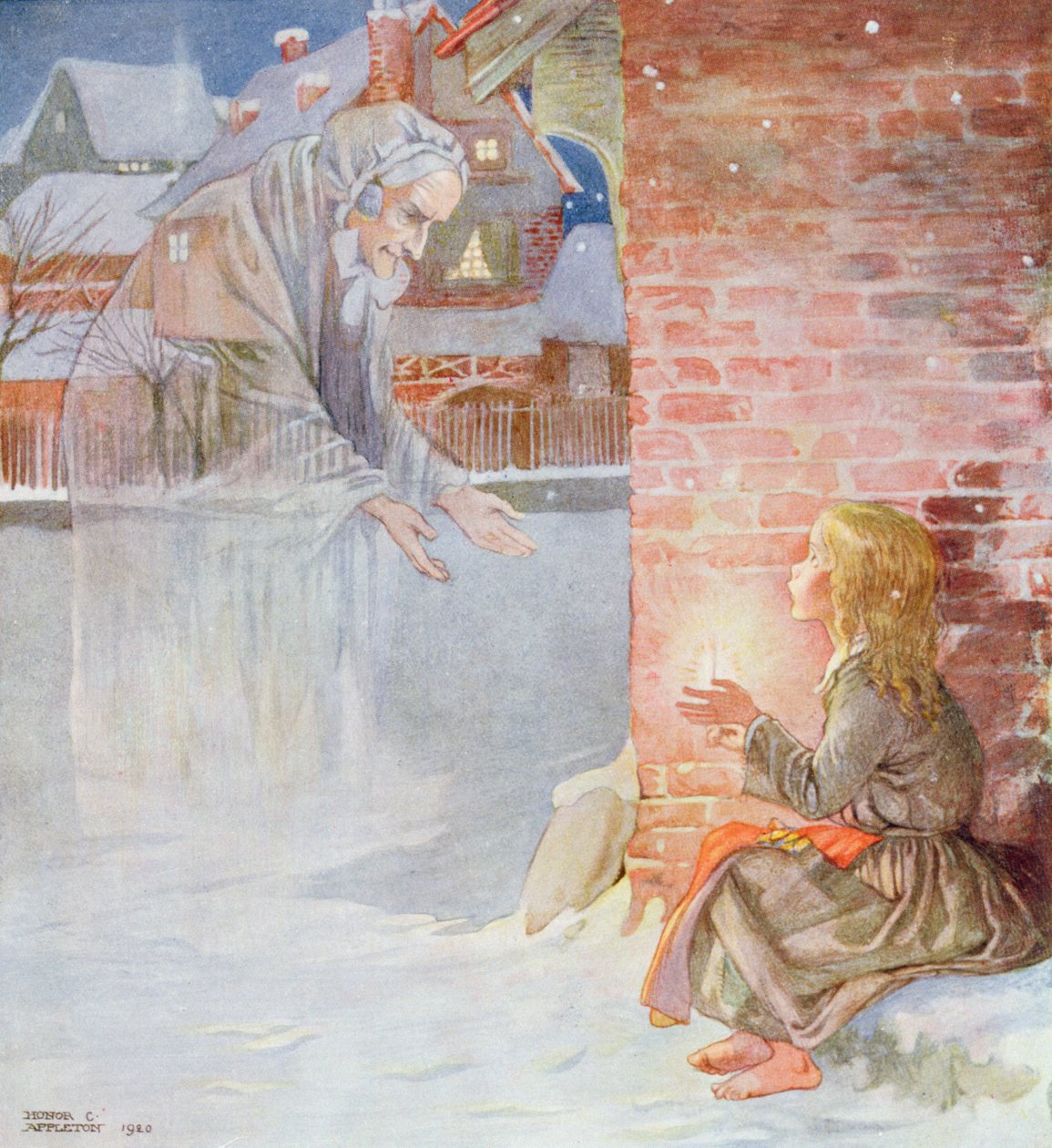 Isoäiti, Oi ota minut mukaasi, teoksesta "Pikku tulitikkutyttö" Hans Christian Andersenin (1805-75) "Fairy Stories" -julkaisussa 1920 (akvarelli paperille) tekijältä Honor Charlotte Appleton