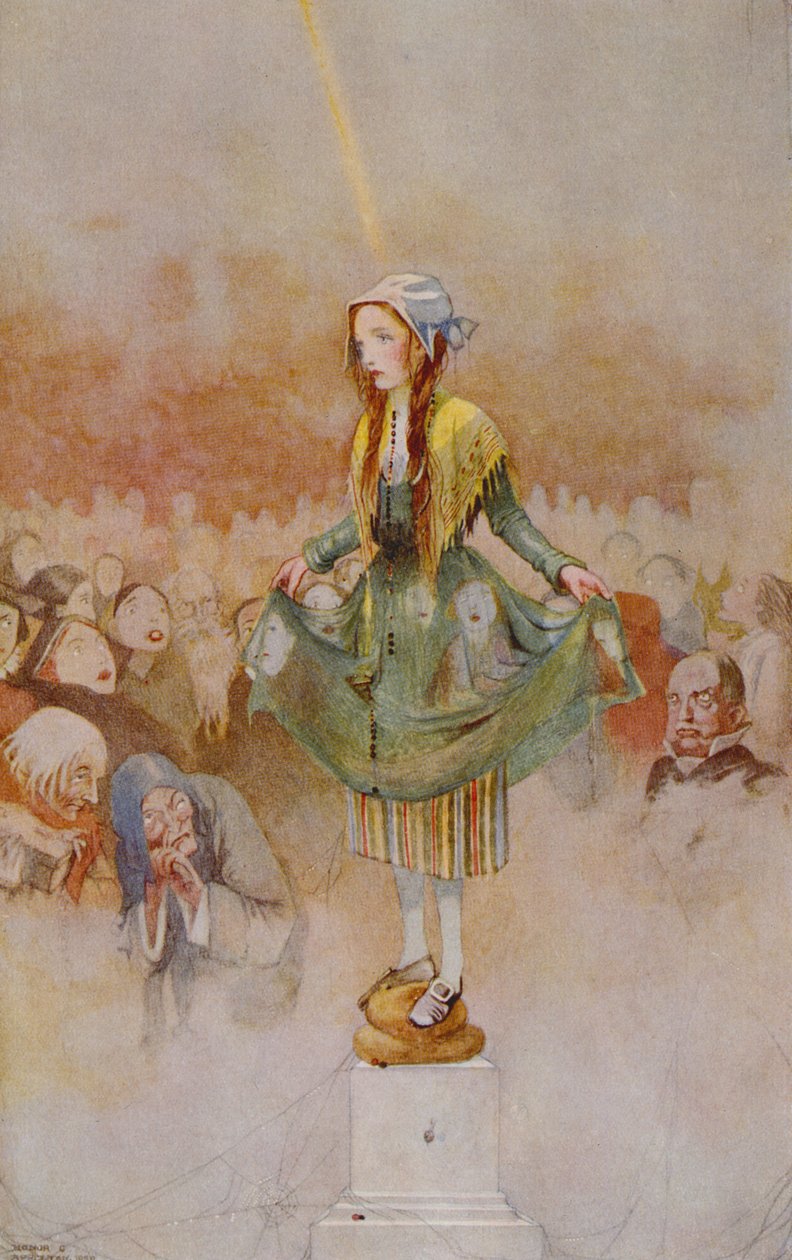 Hänen koko ruumiinsa oli kuin kivipylväs Hans Christian Andersenin (1805-75) satujen painoksessa 1920 (akvarelli paperille) kirjasta "Tyttö, joka tallasi leivän päällä" tekijältä Honor Charlotte Appleton