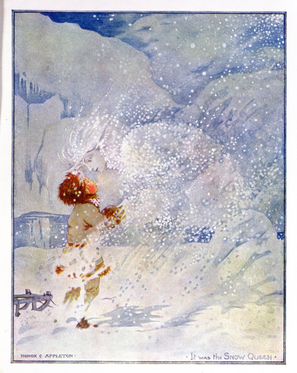 Kuvitus "Lumikuningattaresta" Hans Christian Andersenin (1805-75) "Fairy Tales"-painoksessa 1920 (akvarelli paperille) tekijältä Honor Charlotte Appleton