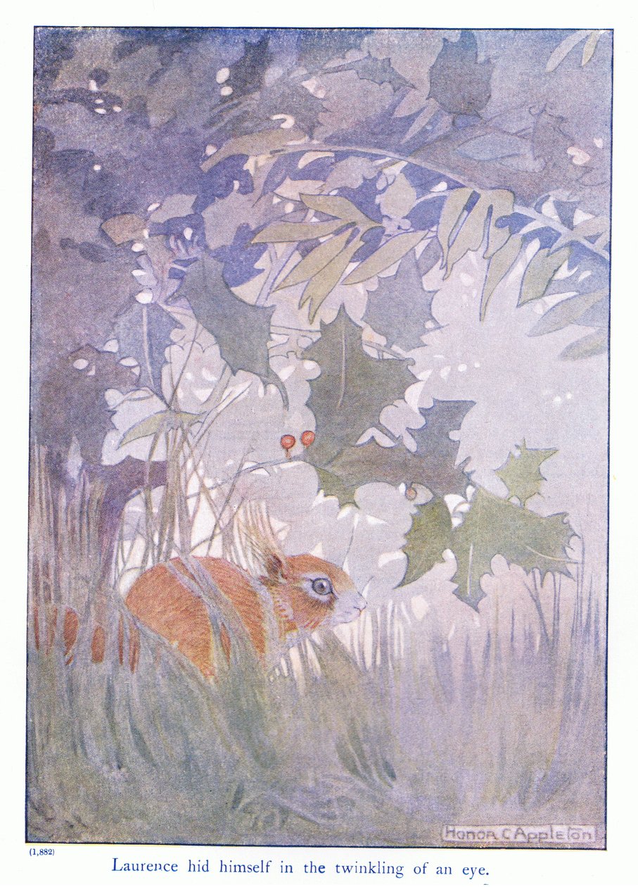 Laurence piiloutui silmänräpäyksessä, kuvitus Eleanor Tyrellin "More About the Squirrels" -kappaleesta, n. 1915 (väri litho) tekijältä Honor Charlotte Appleton