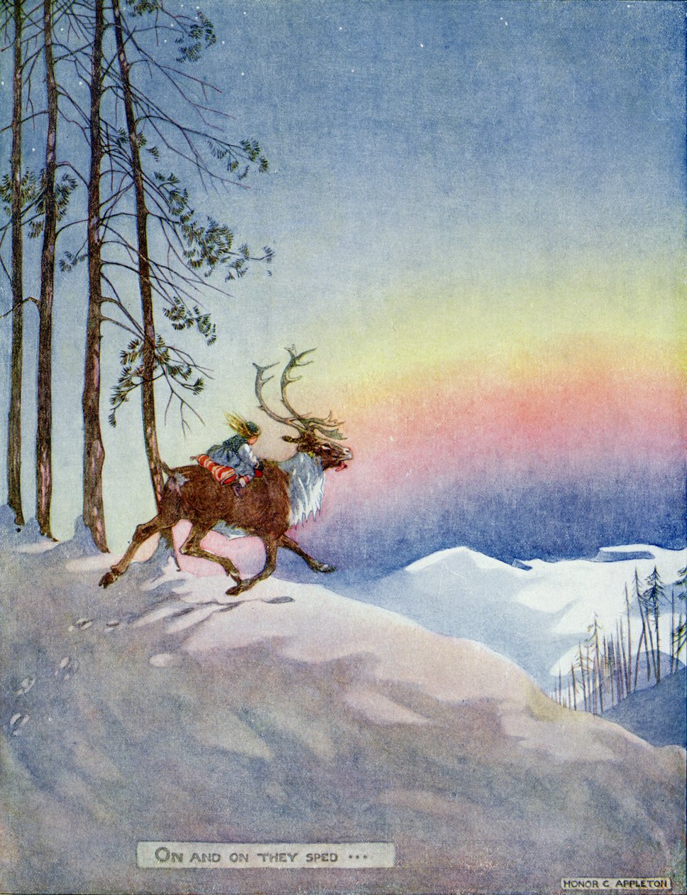 On and On They Speed, "Lumikuningatar" Hans Christian Andersenin (1805-75) "Fairy Tales" -painoksessa 1920 (akvarelli paperille) tekijältä Honor Charlotte Appleton